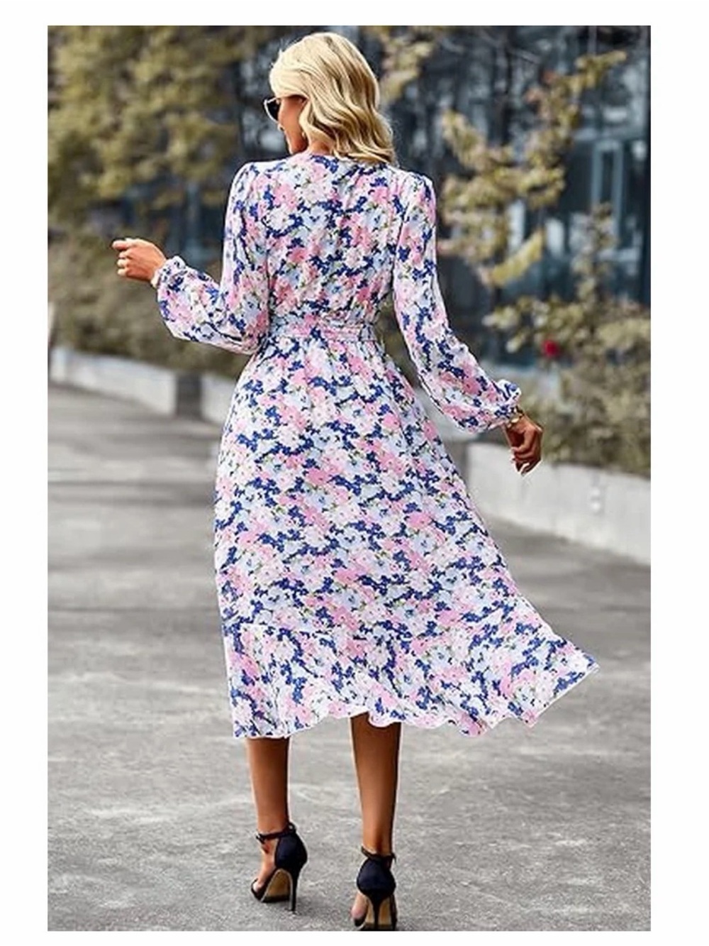 Pink and Blue Floral High-Low Wrap Dress with Tie Waist - Picture 2 of 7